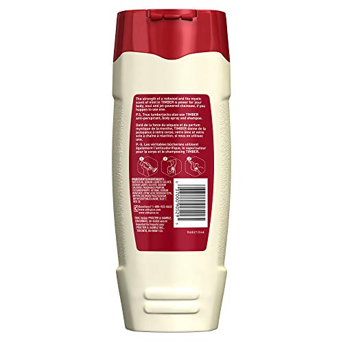 Old Spice Timber bottle pouring to display gel-lather texture and minty scent.
