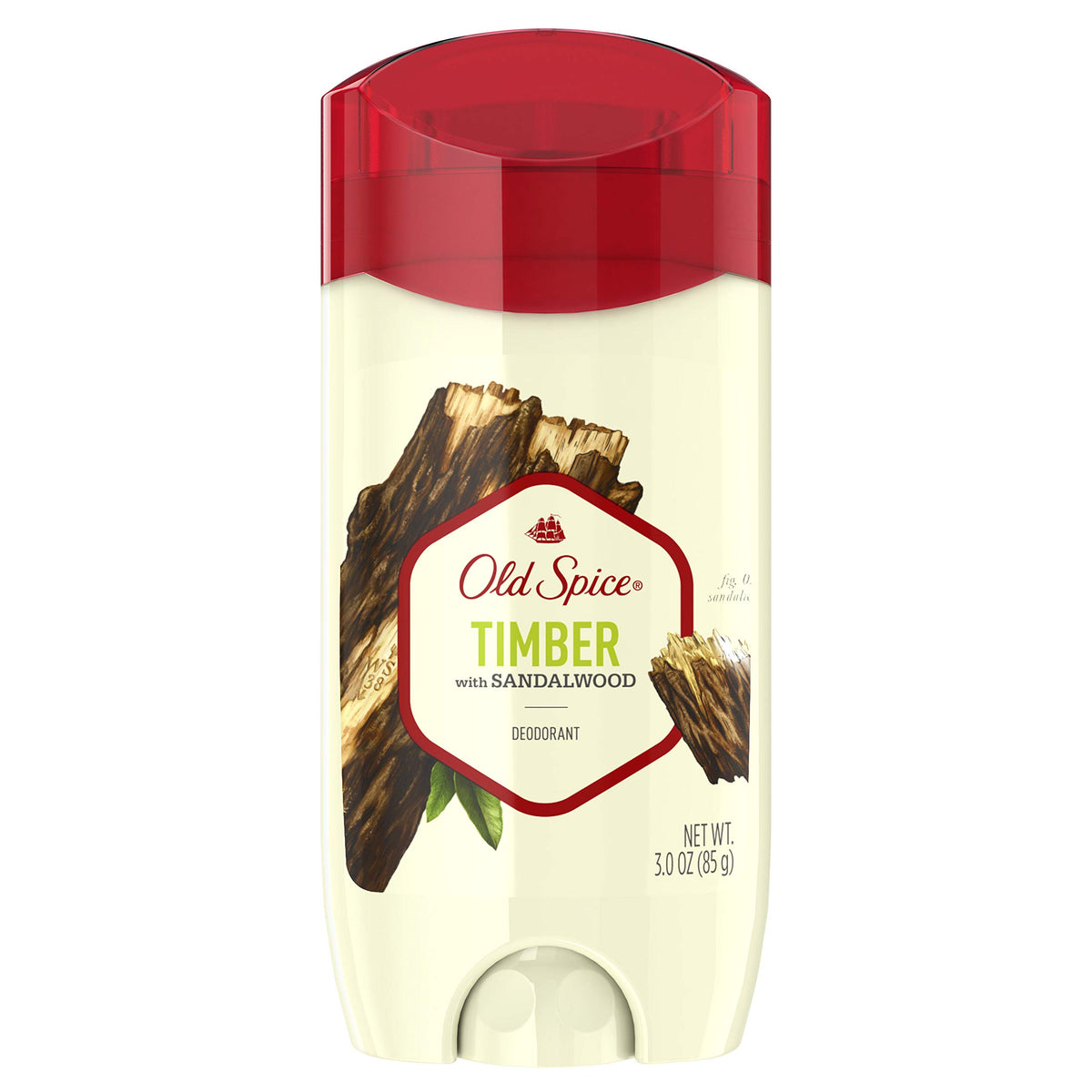 Old Spice Timber deodorant bottle with sandalwood scent for all-day freshness.