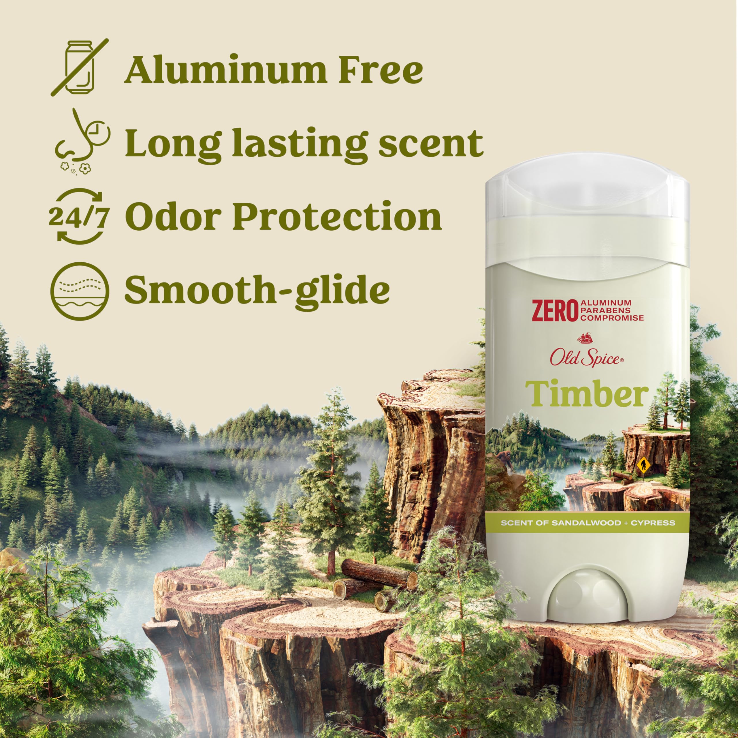 Old Spice Timber deodorant pack of 3 highlights odor protection value.