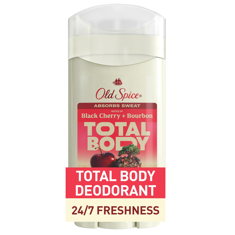 Old Spice Total Body Deodorant bottle close-up highlighting aluminum-free formula for all-over protection.