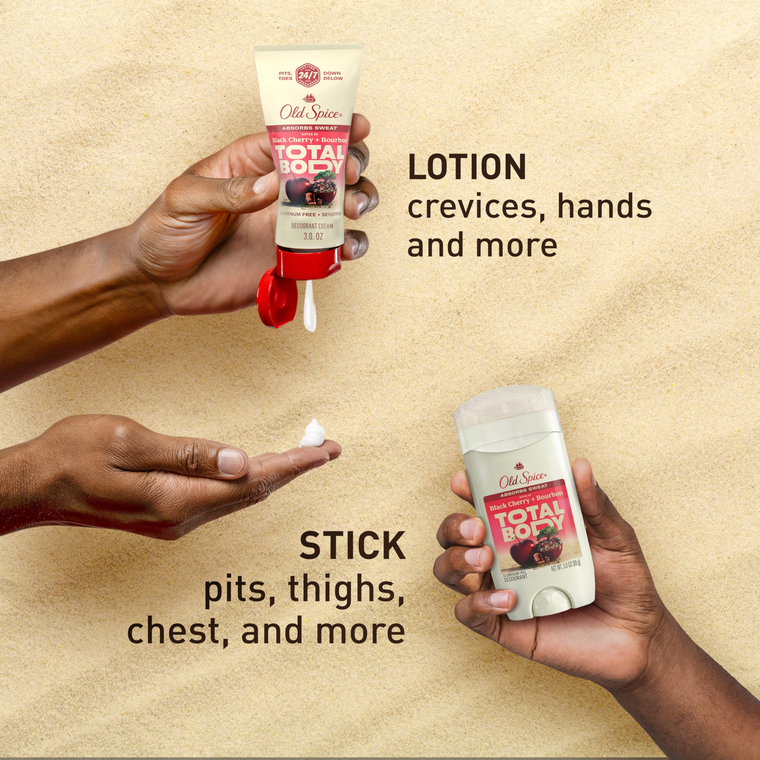 Old Spice Total Body Deodorant used on chest and arms for day-long odor control.