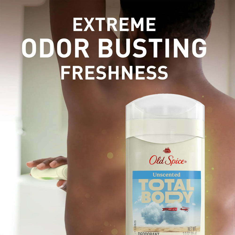 Old Spice Total Body Deodorant clear formula leaves no white marks on clothing.