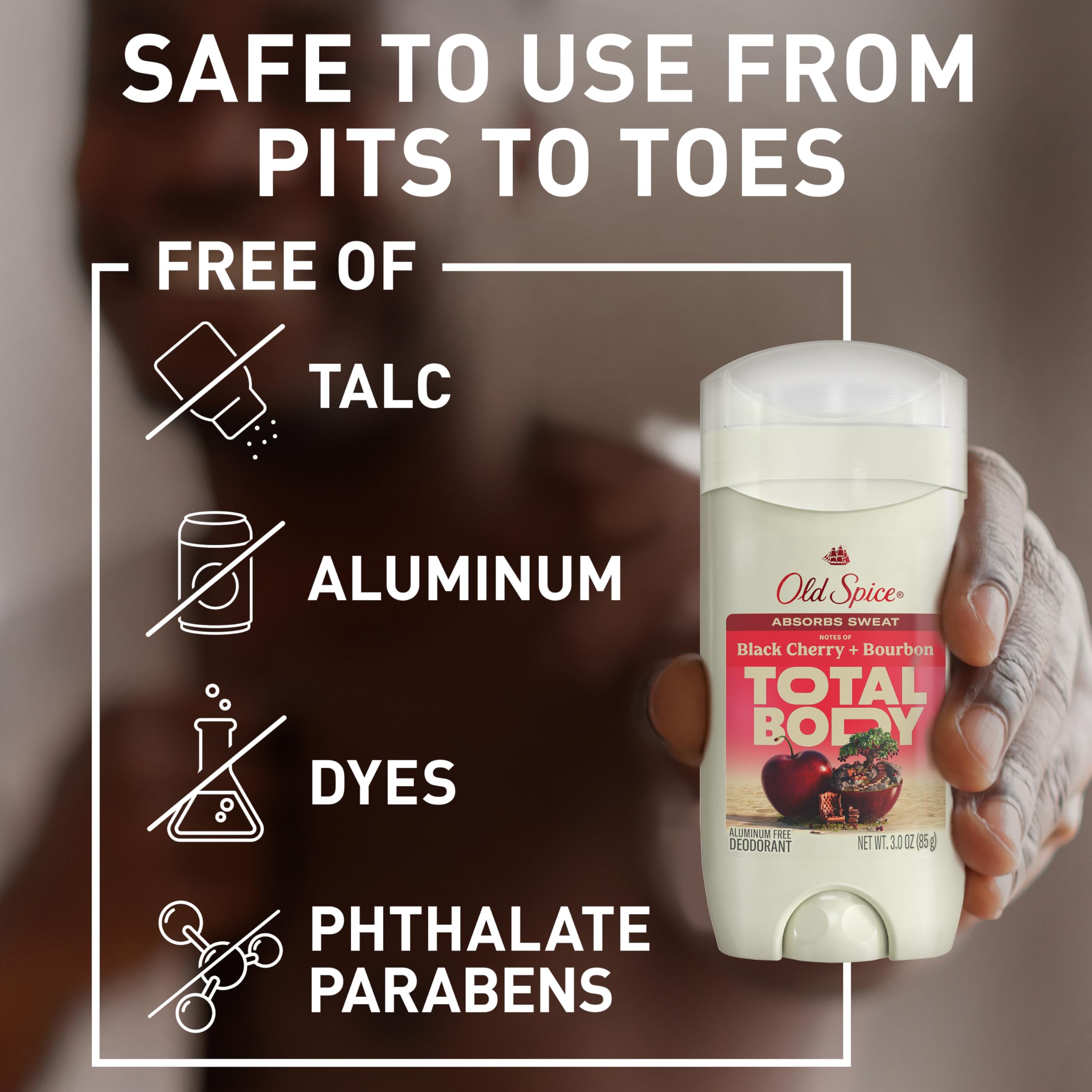 Old Spice Total Body Deodorant dermatologist-tested seal on a product image.
