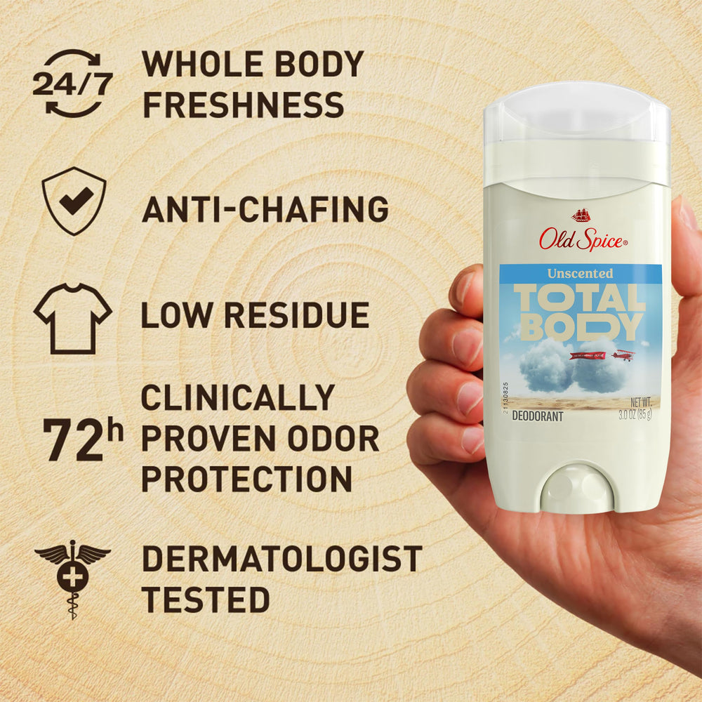 Old Spice Total Body Deodorant dermatologist-tested formula suitable for sensitive skin.