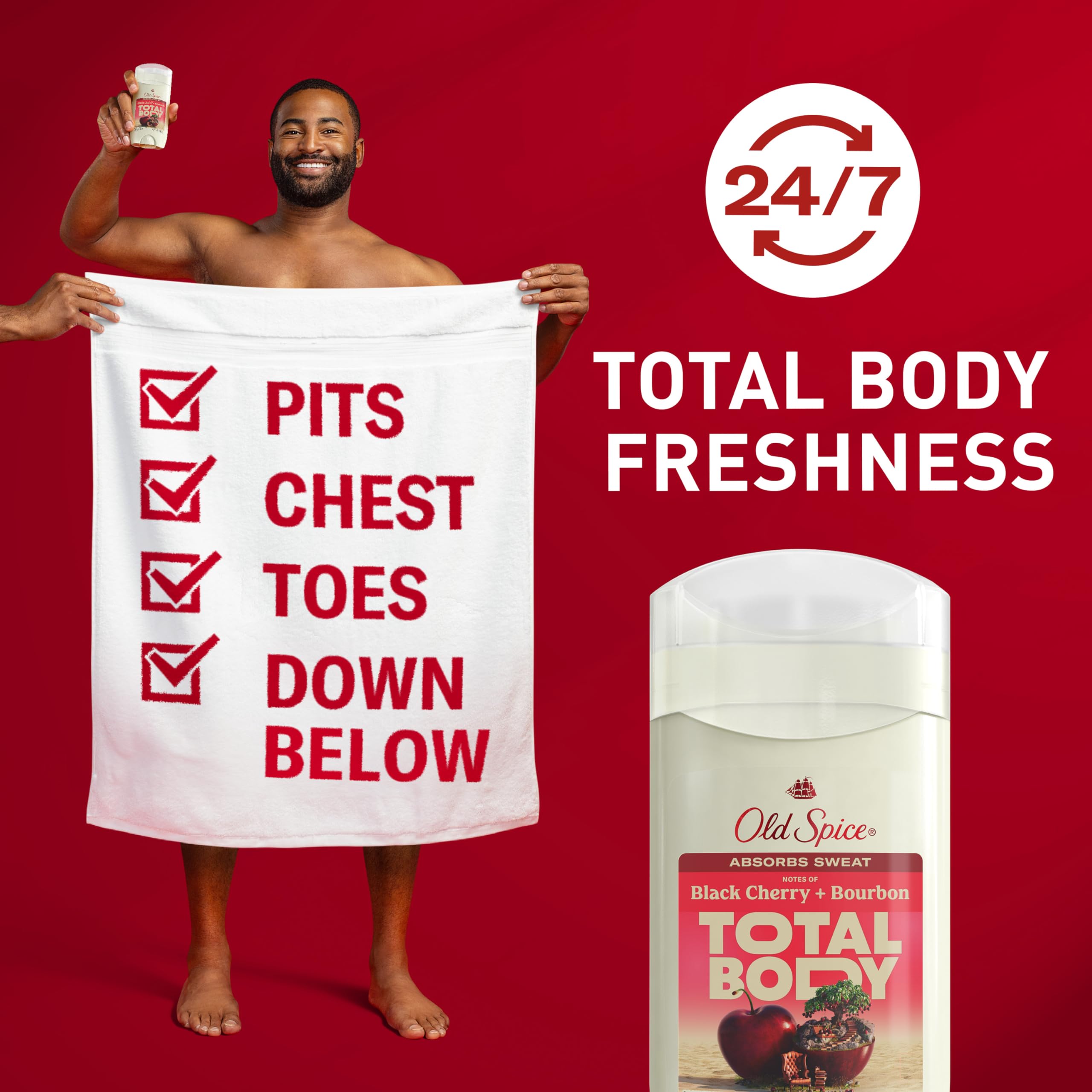 Old Spice Total Body Deodorant packaging and label emphasizing aluminum-free, dermatologist-tested care.