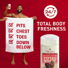 Old Spice Total Body Deodorant packaging and label emphasizing aluminum-free, dermatologist-tested care.