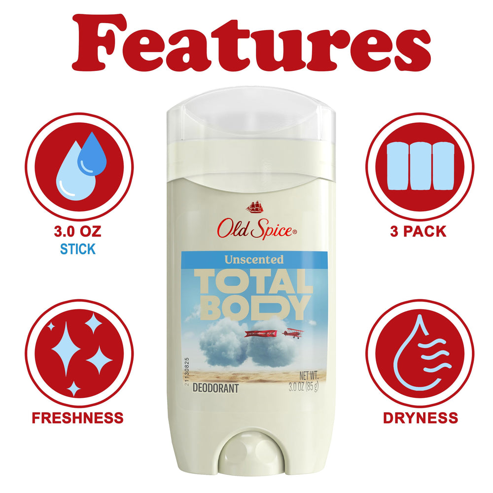 Old Spice unscented total body deodorant stick applied to skin for all-over odor control.