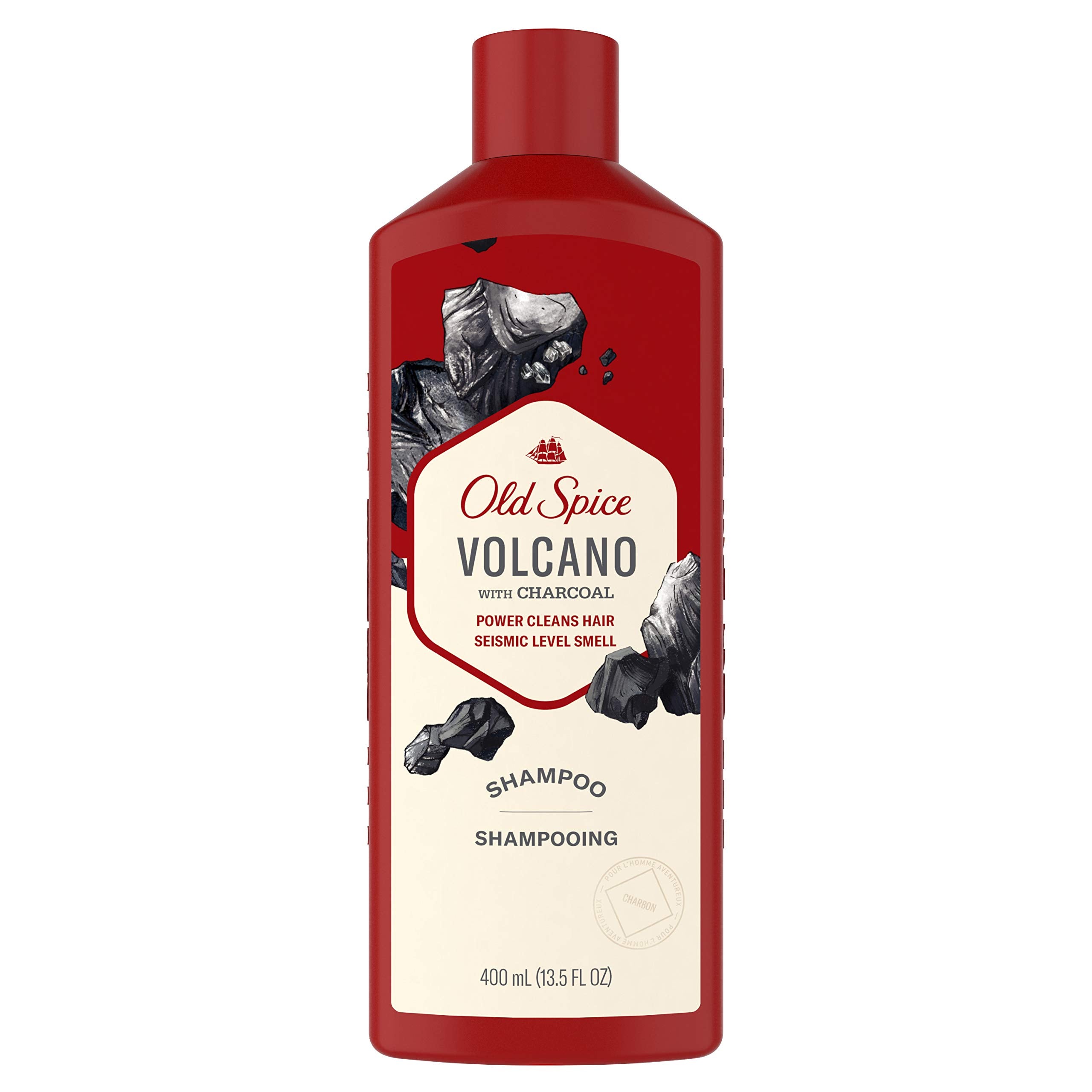 Old Spice Volcano Charcoal Shampoo bottle shows charcoal-cleanse for refreshed barber-quality results