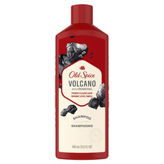 Old Spice Volcano Charcoal Shampoo bottle shows charcoal-cleanse for refreshed barber-quality results