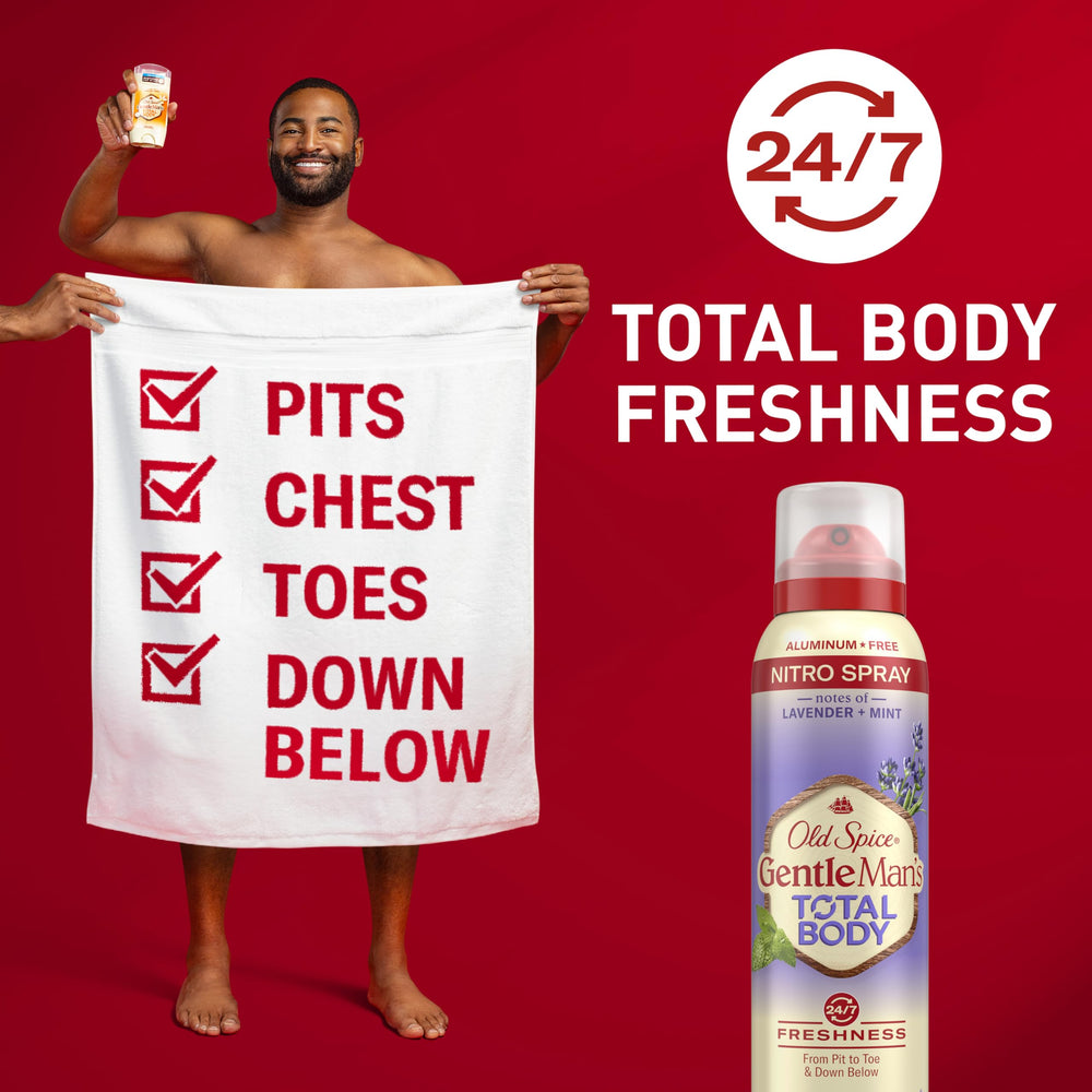 Old Spice lavender mint spray showing 24/7 odor protection for daily wear.