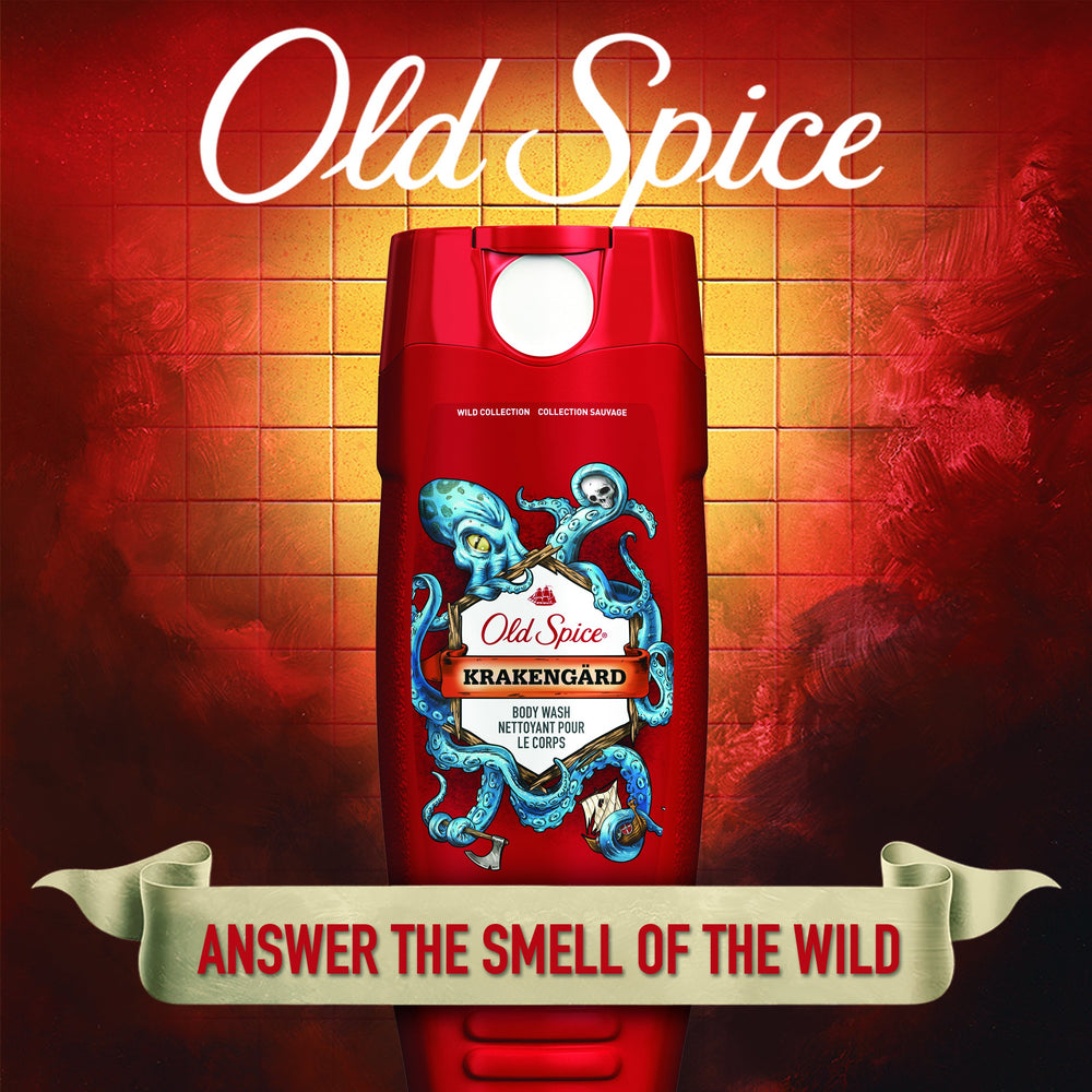 Old Spice Wild packaging art featuring Krakengard sea monster design.