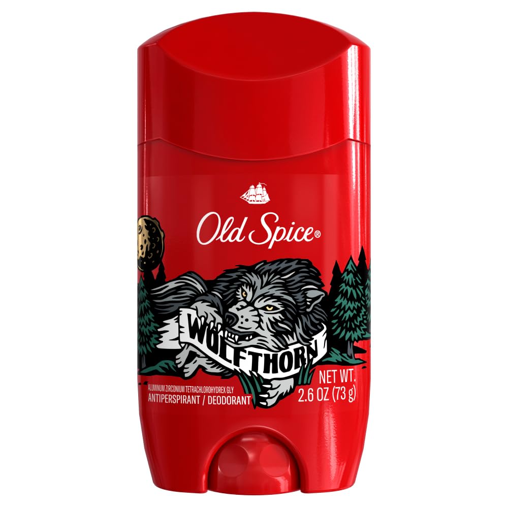 Old Spice Wolfthorn deodorant stick being applied for easy, quick-dry protection