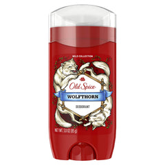 Old Spice Wolfthorn packaging and logo highlighting Wild Collection branding.