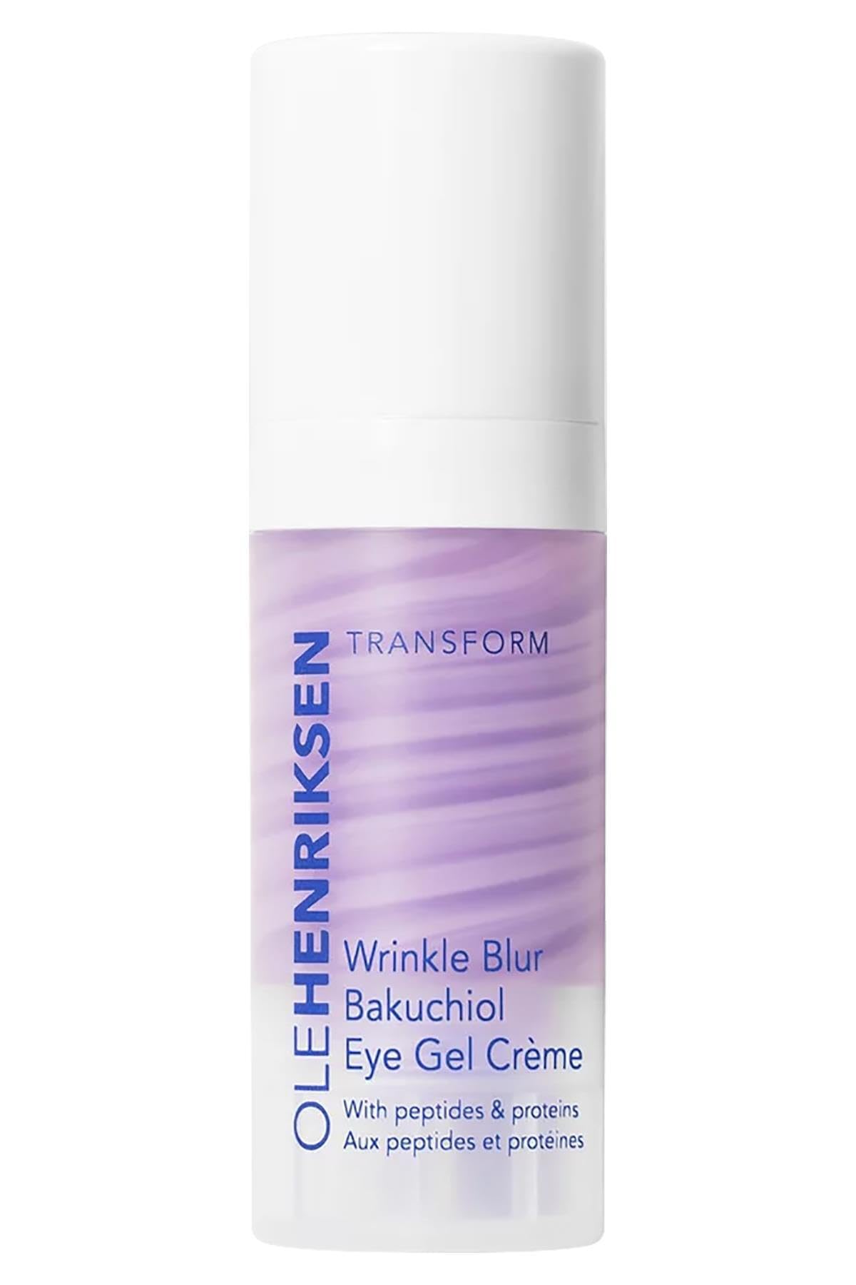 Ole Henriksen Wrinkle Blur Bakuchiol Eye Gel Creme jar showing silky texture for smoother eye skin.