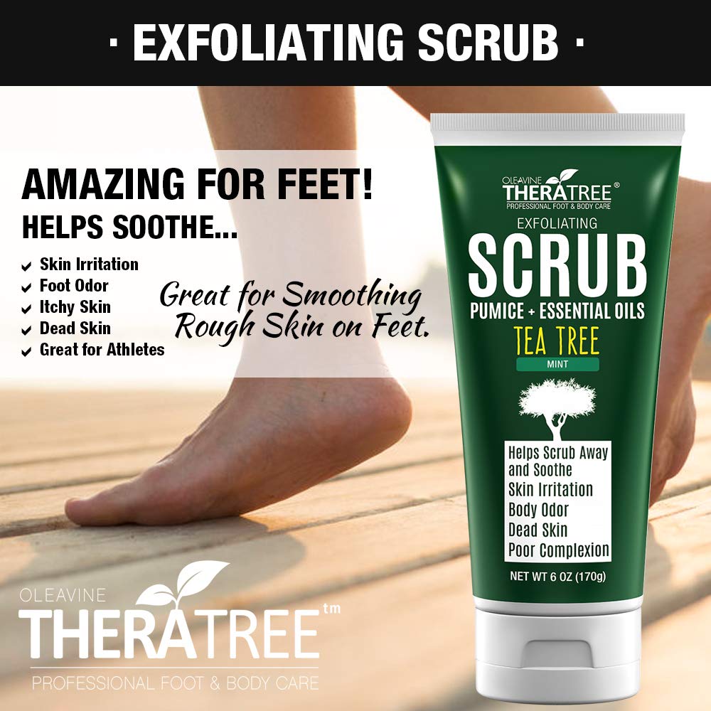 Person applying Oleavine TheraTree scrub to feet for potential odor control and refresh