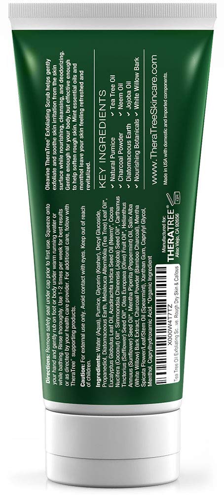 Tea Tree Oil ingredient area in Oleavine TheraTree scrub emphasizes soothing botanical benefits