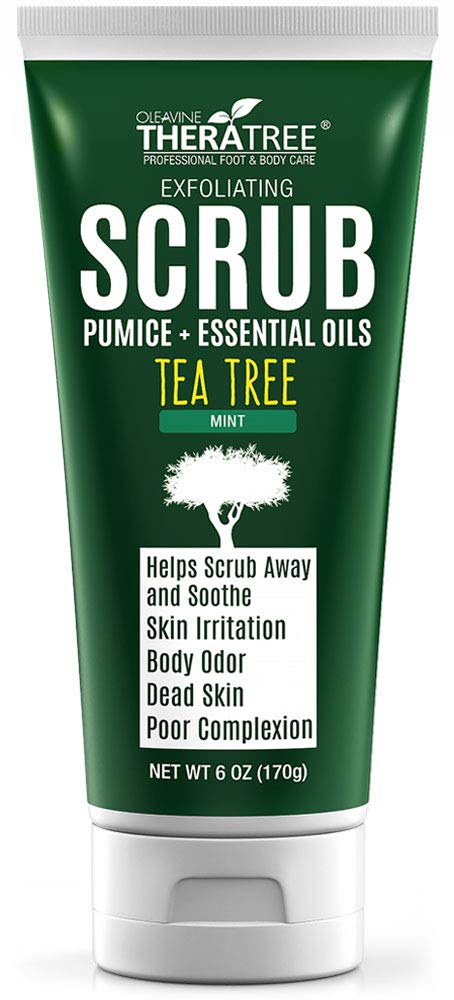 Oleavine TheraTree Tea Tree Scrub bottle shows exfoliation for smoother skin and refreshing scent