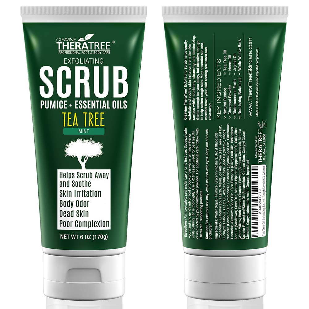 Hand holding Oleavine TheraTree scrub texture demonstrating micro pumice exfoliation