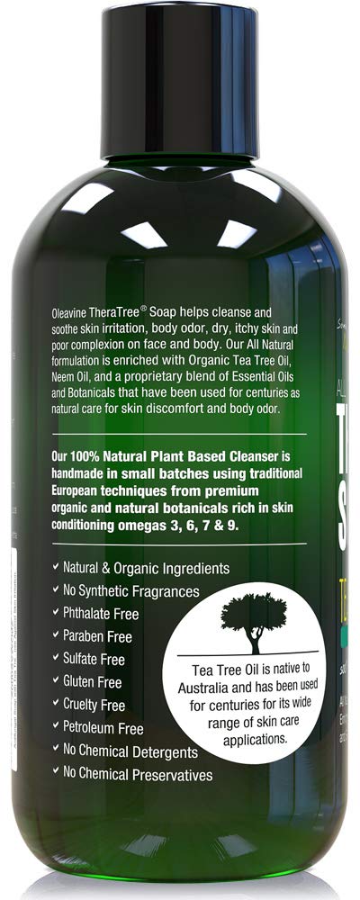 Oleavine TheraTree tea tree oil close-up conveying cooling, cleansing notes.