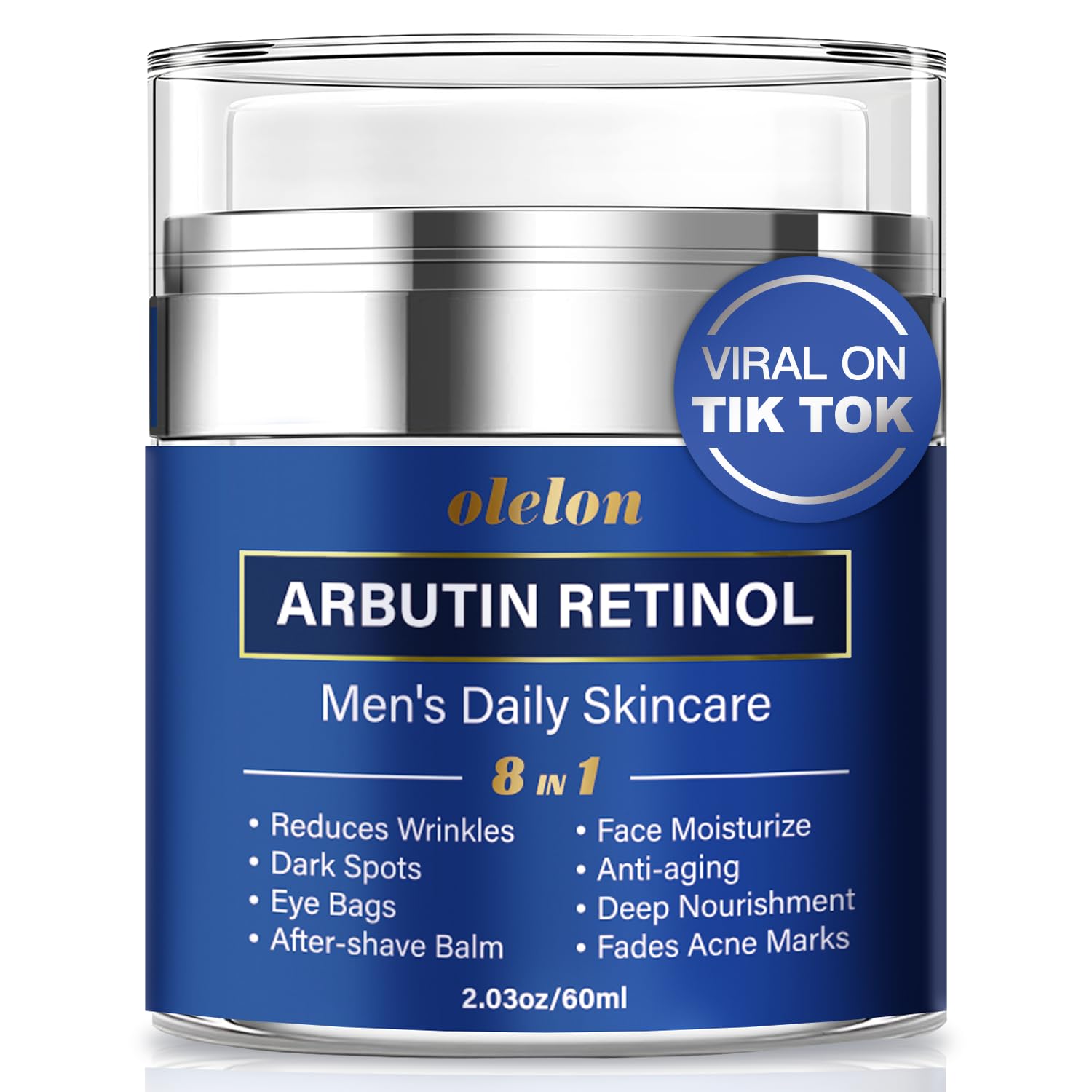 OLELON 8-in-1 face cream bottle close-up for men, anti-aging skincare in action.
