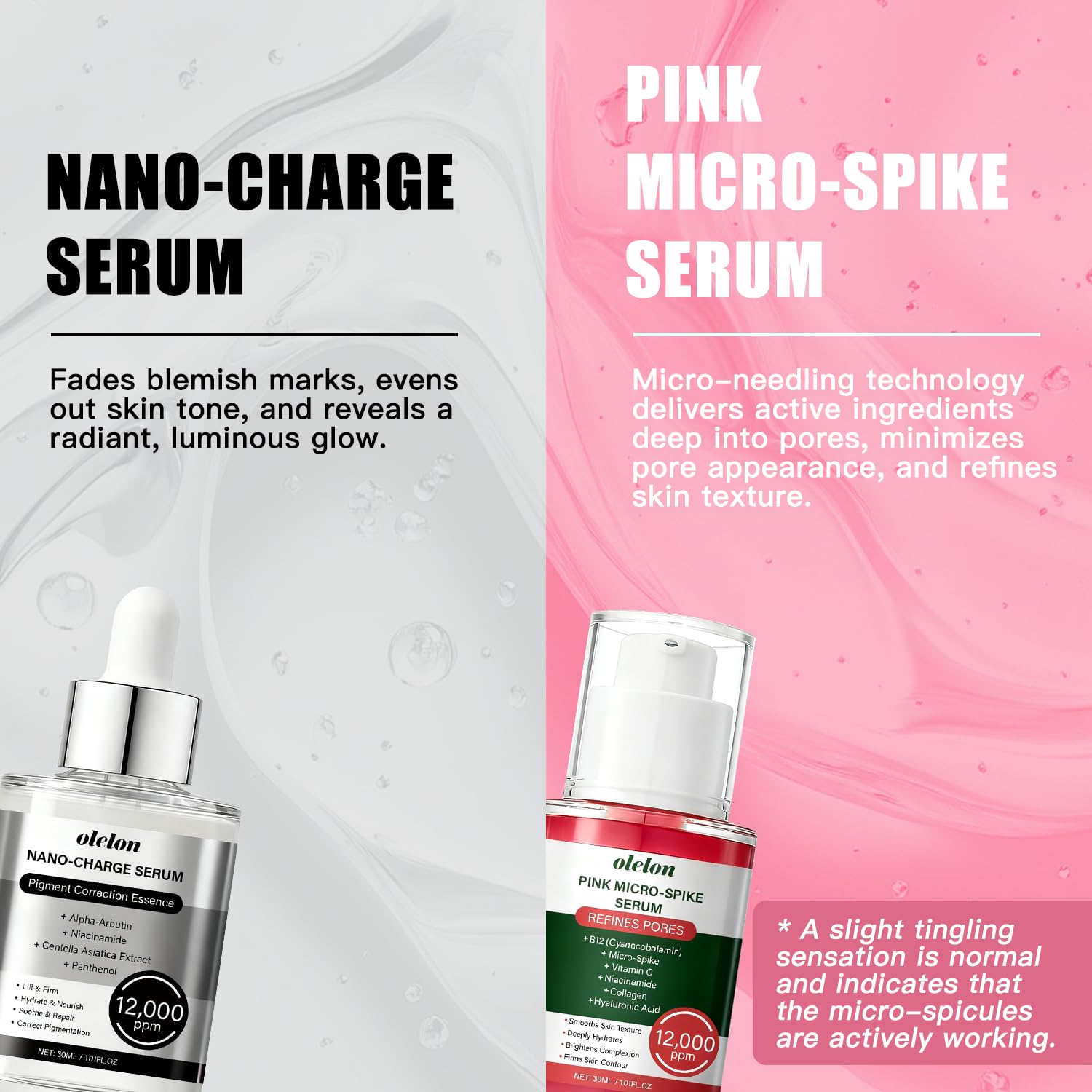 OLELON Cyano Pink Spicule Serum texture close-up for smooth, radiant skin.