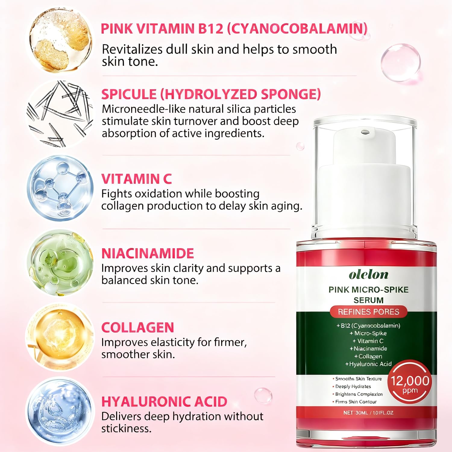 OLELON Hyaluronic acid boost drops highlight lasting moisture and plump skin.