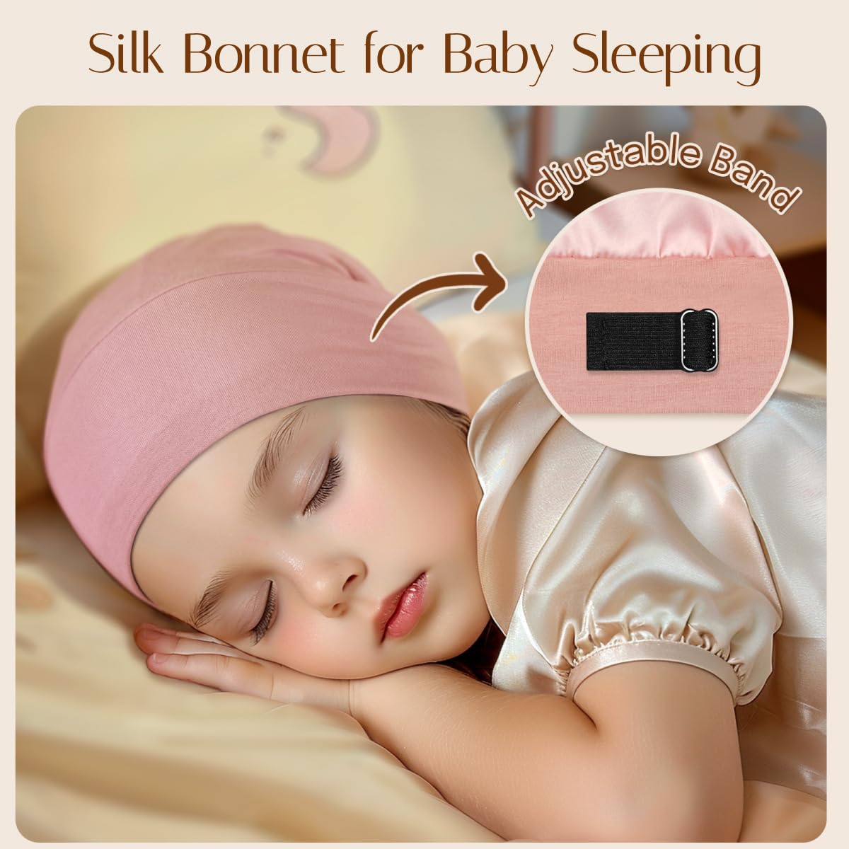 OLESILK adjustable strap bonnet pink highlights secure fit through night.