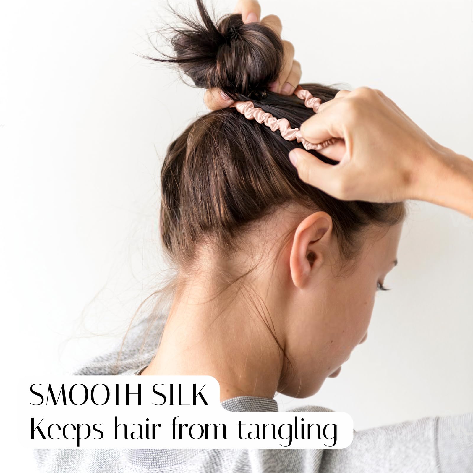 OLESILK mulberry silk hair tie detail; elastic inside helps keep hair in place without damage.