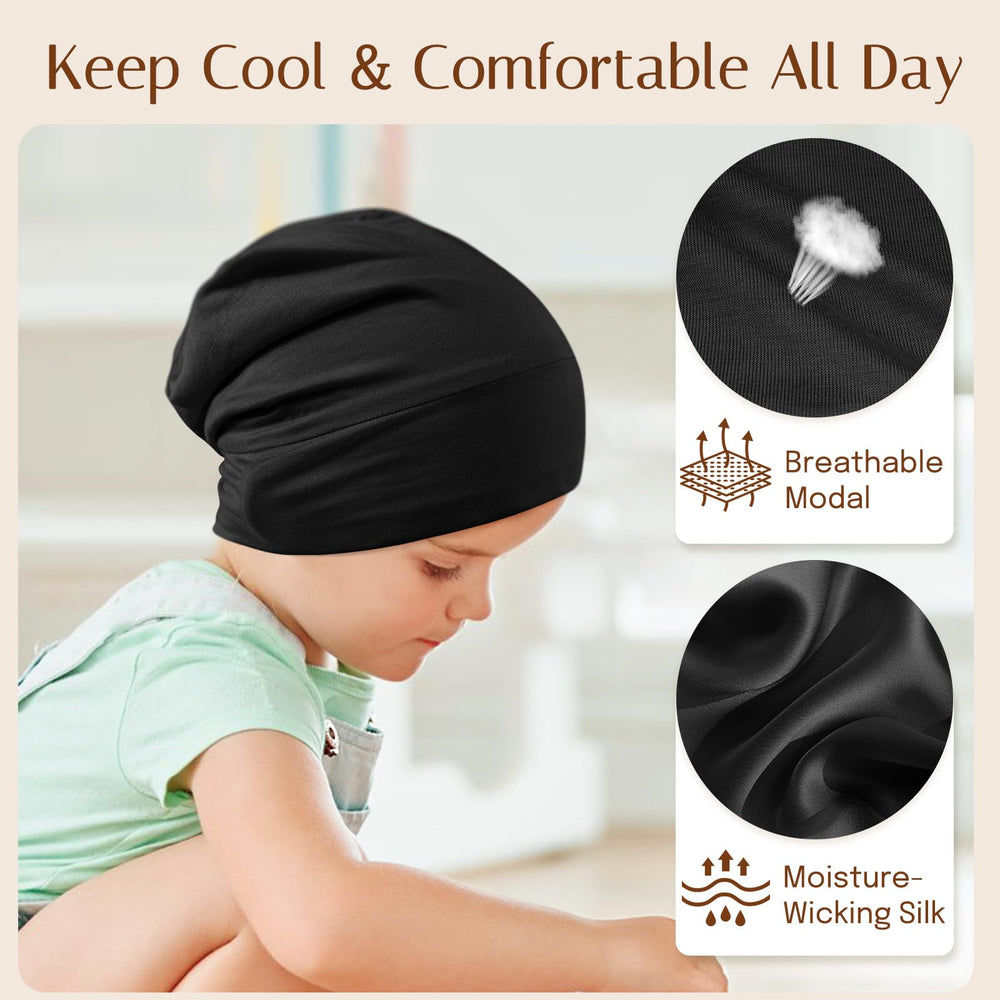 OLESILK silk bonnet during mealtime, staying in place to protect hair from spills.