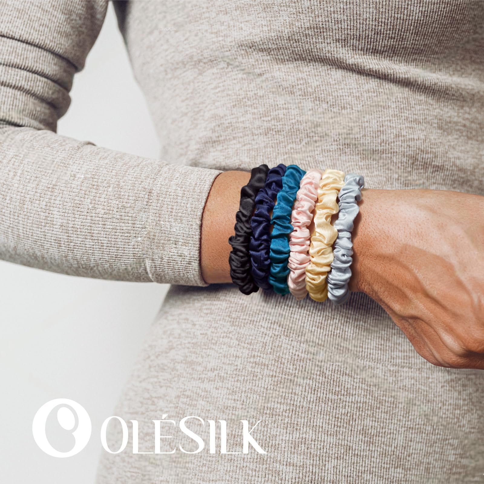 OLESILK silk hair ties in ponytail; lightweight, perfect for thin hair styles.
