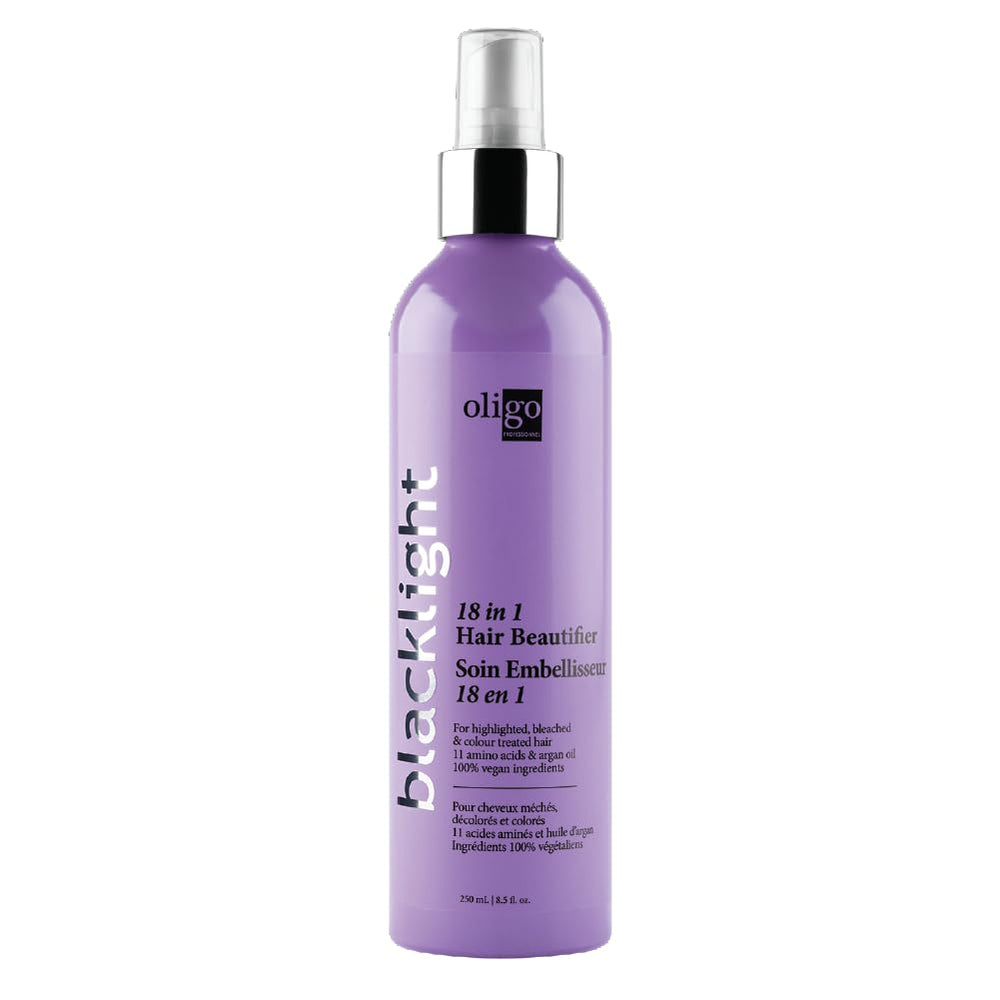 Oligo Professionnel Blacklight bottle front shows 18-in-1 protection for heat and UV