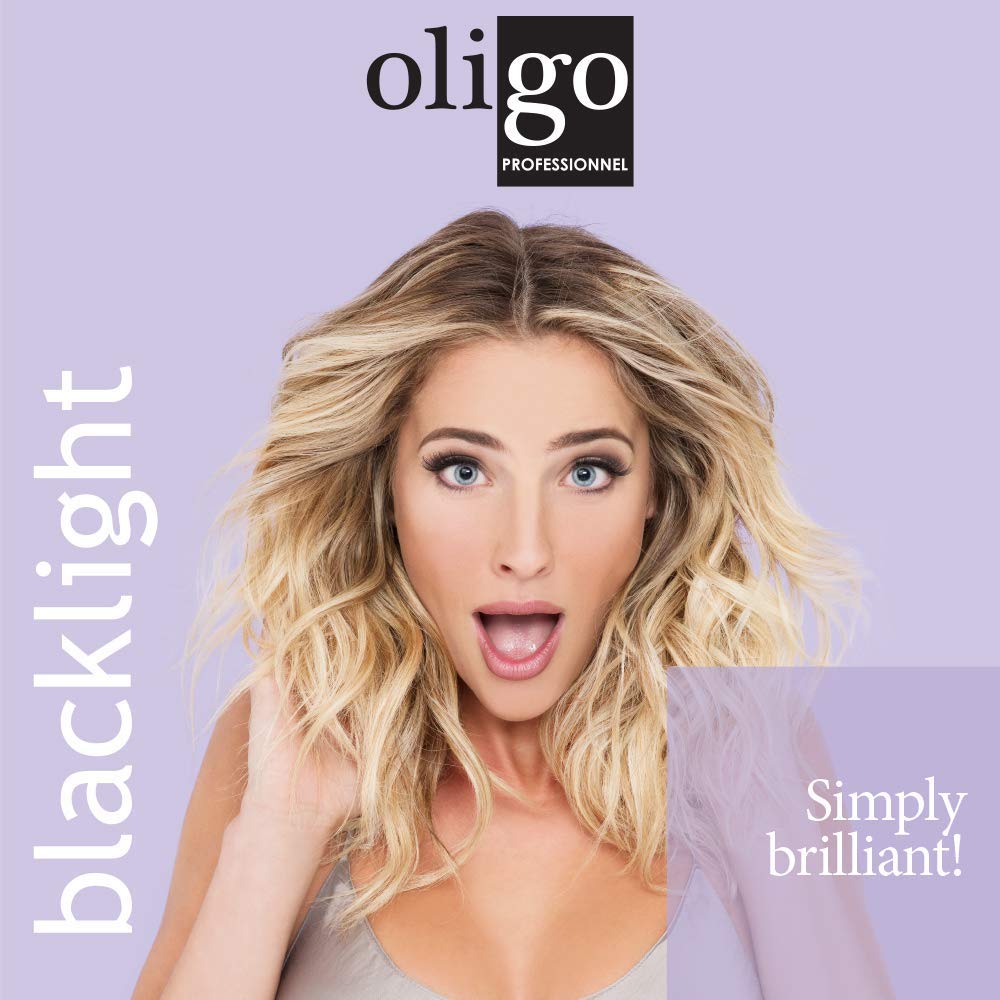 Oligo Professionnel Blacklight violet beautifier close-up highlights argan oil shine.