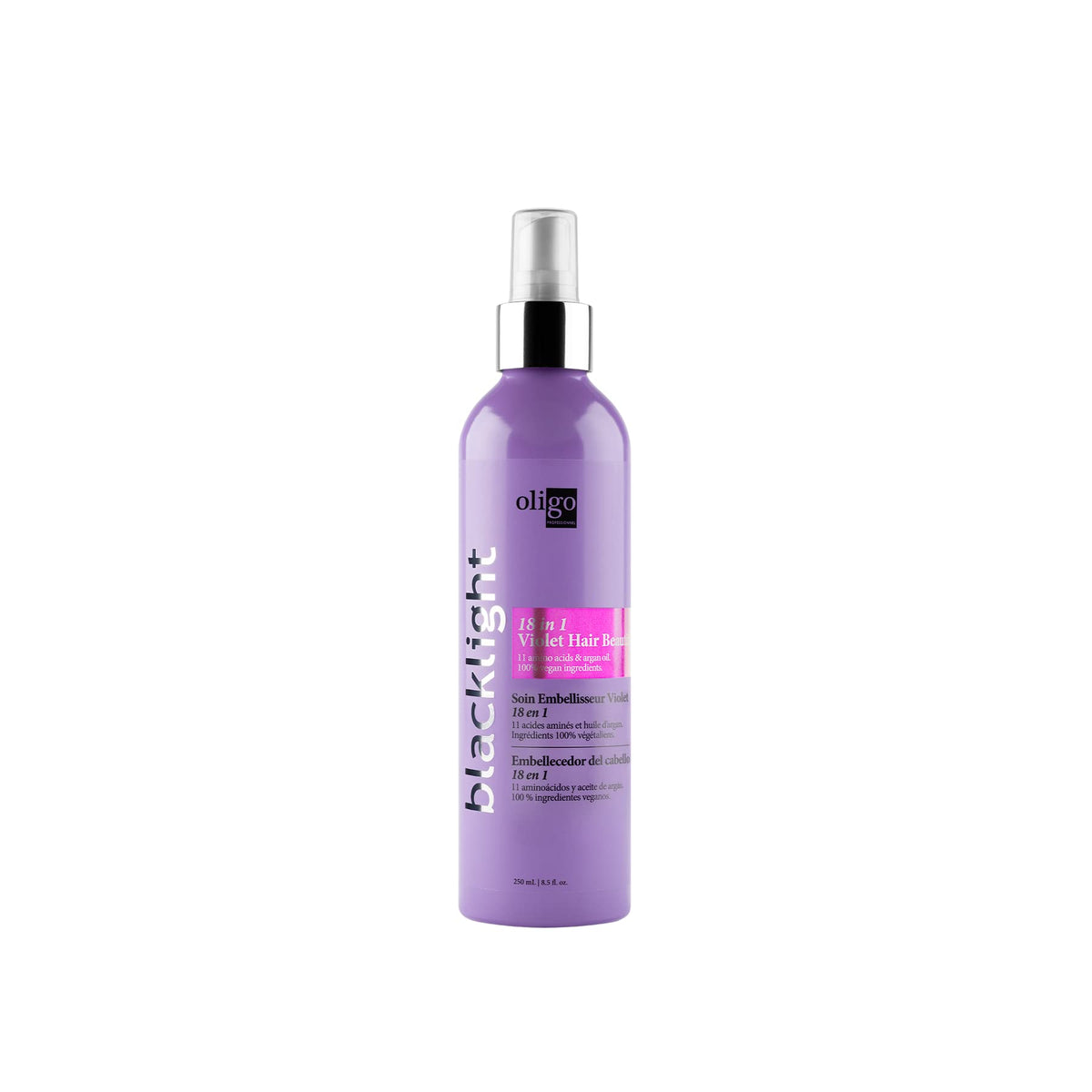 Oligo Professionnel Blacklight bottle pour demonstrates 18-in-1 benefits for blonde color care.