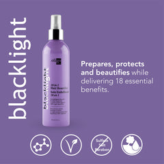 Oligo Professionnel Blacklight spray bottle demonstrates leave-in toning for yellow neutralization.