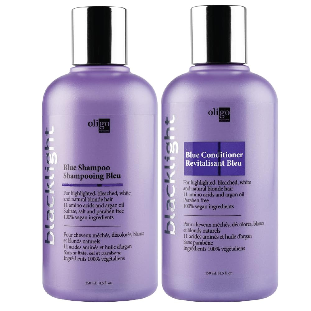 Oligo Professionnel Blacklight Blue shampoo bottle tones brassy blondes for brighter cooler results