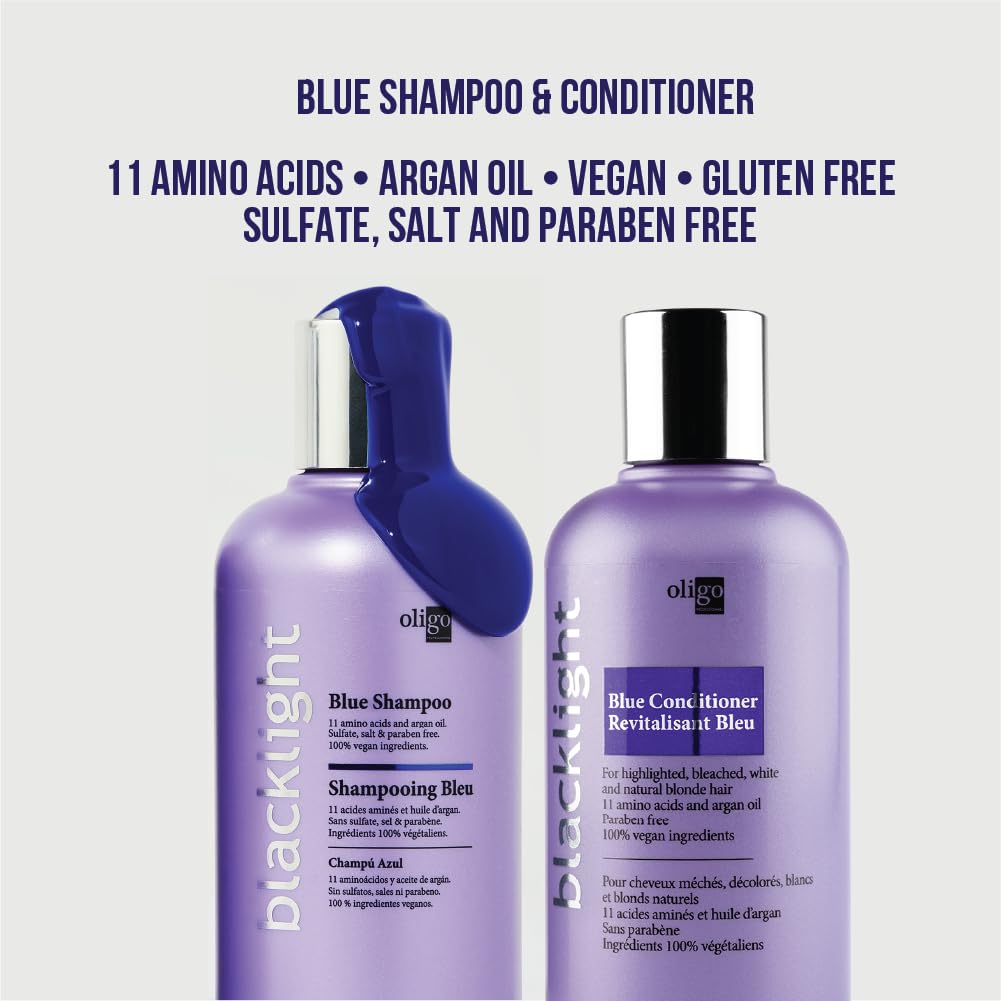 Oligo Professionnel Blacklight Blue shampoo closeup with blue pigment neutralizing brass