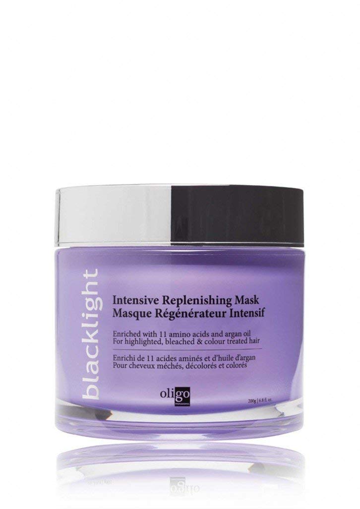 Oligo Professionnel Blacklight mask bottle closeup for rich color retention and hydration.