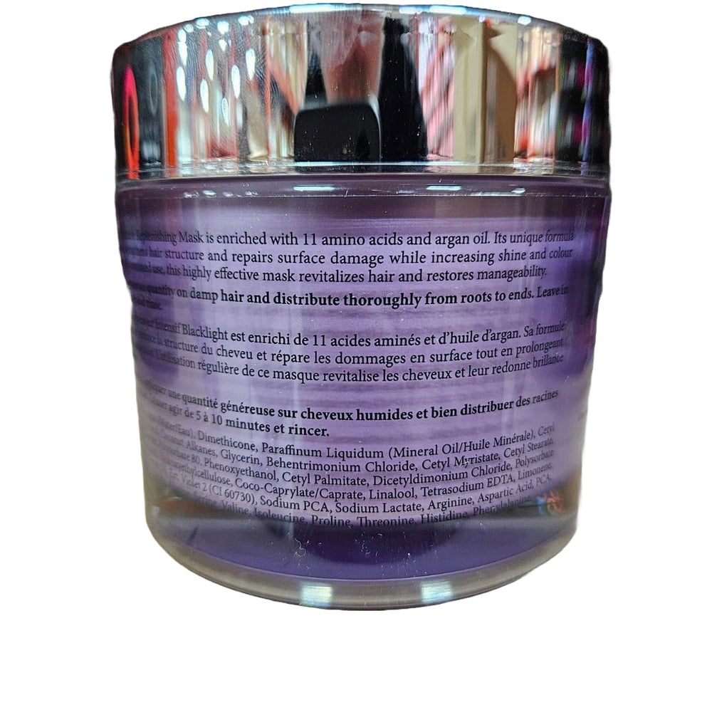 Oligo Professionnel Blacklight mask on dry hair highlights hydration and surface-damage repair.