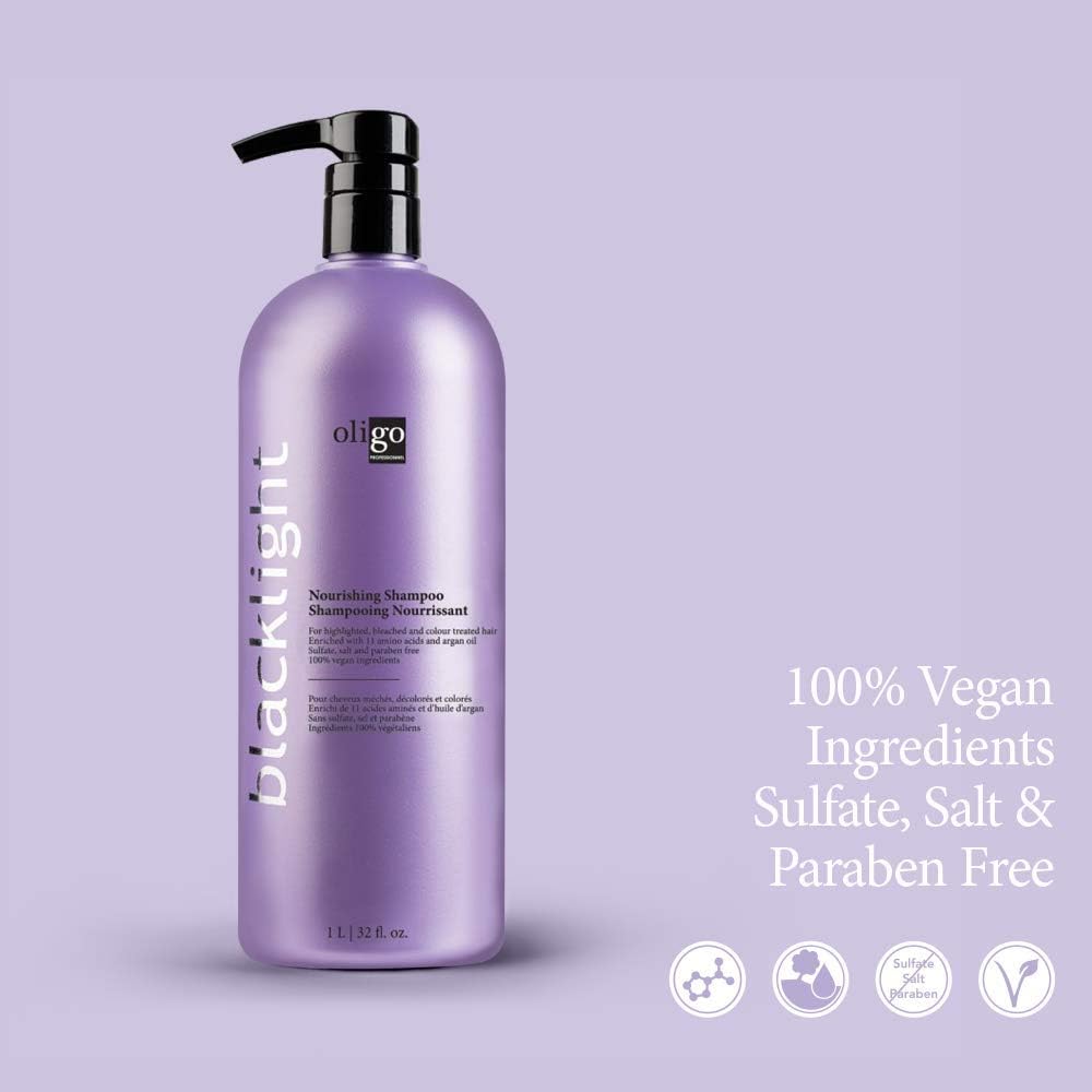 Oligo Professionnel Blacklight Nourishing Shampoo with argan oil detail emphasizing moisture and shine