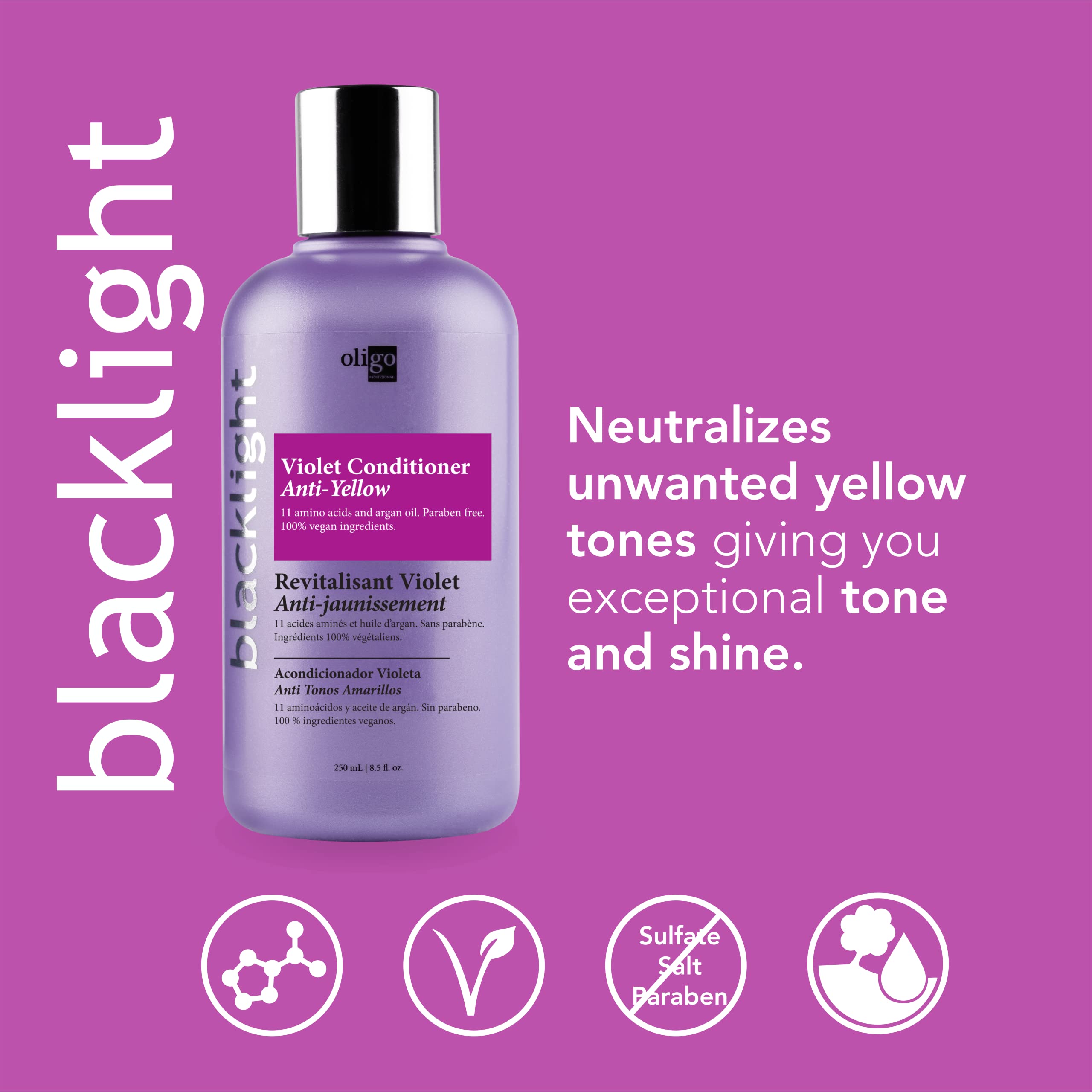 Oligo Professionnel Blacklight Violet bottle pour shows easy 2–5 minute toning routine.