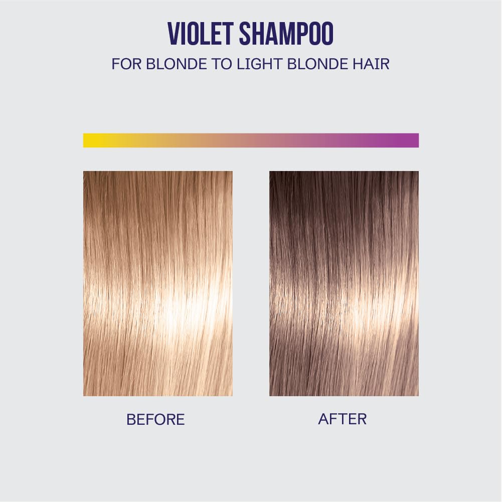 Oligo Professionnel Blacklight Violet Shampoo before-after hair tone comparison showing refreshed highlights.