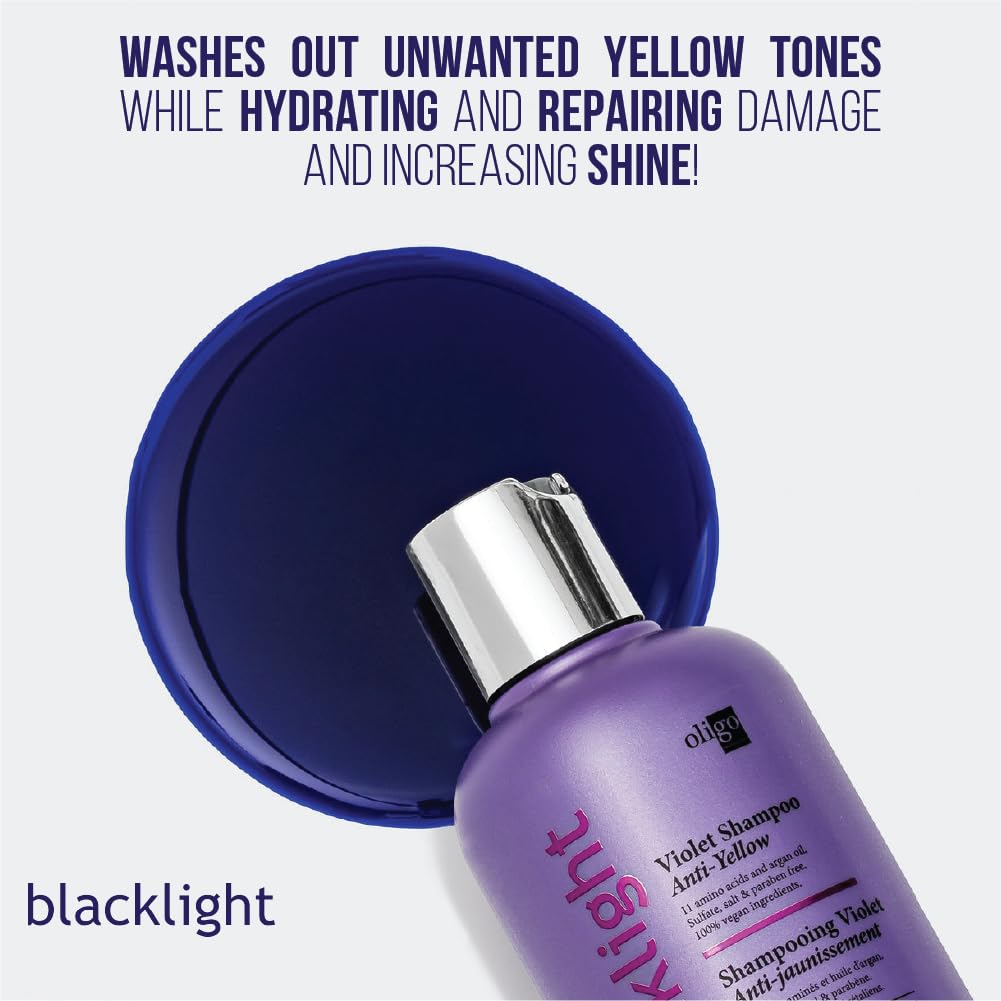 Oligo Professionnel Blacklight Violet Shampoo label closeup showing color-correcting violet tint.