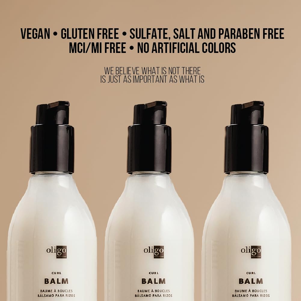 Oligo Professionnel Calura Curl Balm bottle with styling tools conveys easy, long-lasting definition