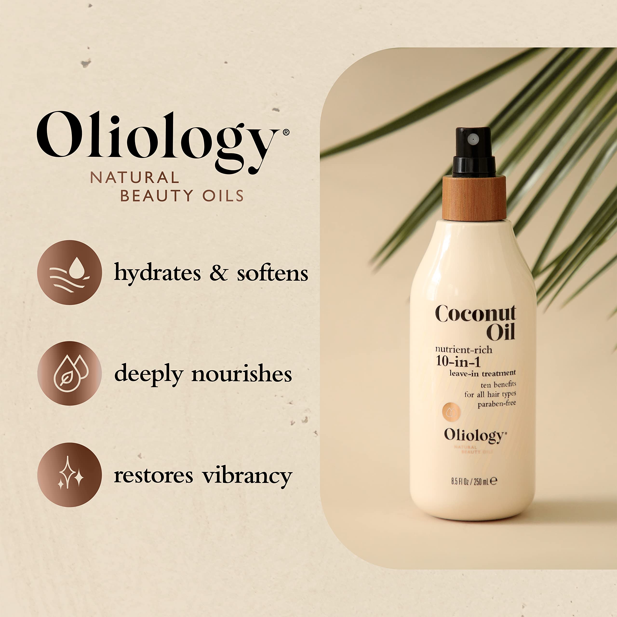 Oliology 10-in-1 spray close-up highlighting coconut oil ingredients.