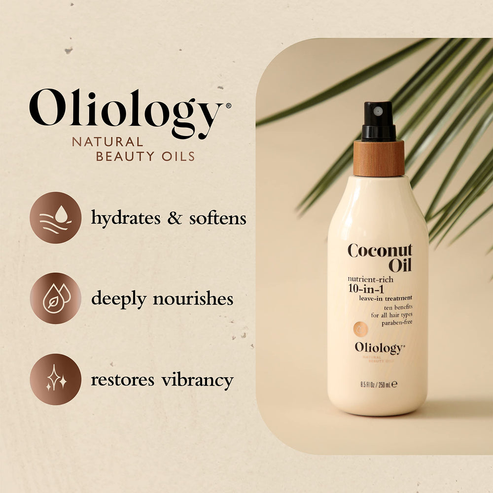 Oliology 10-in-1 spray close-up highlighting coconut oil ingredients.