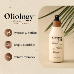 Oliology 10-in-1 spray close-up highlighting coconut oil ingredients.