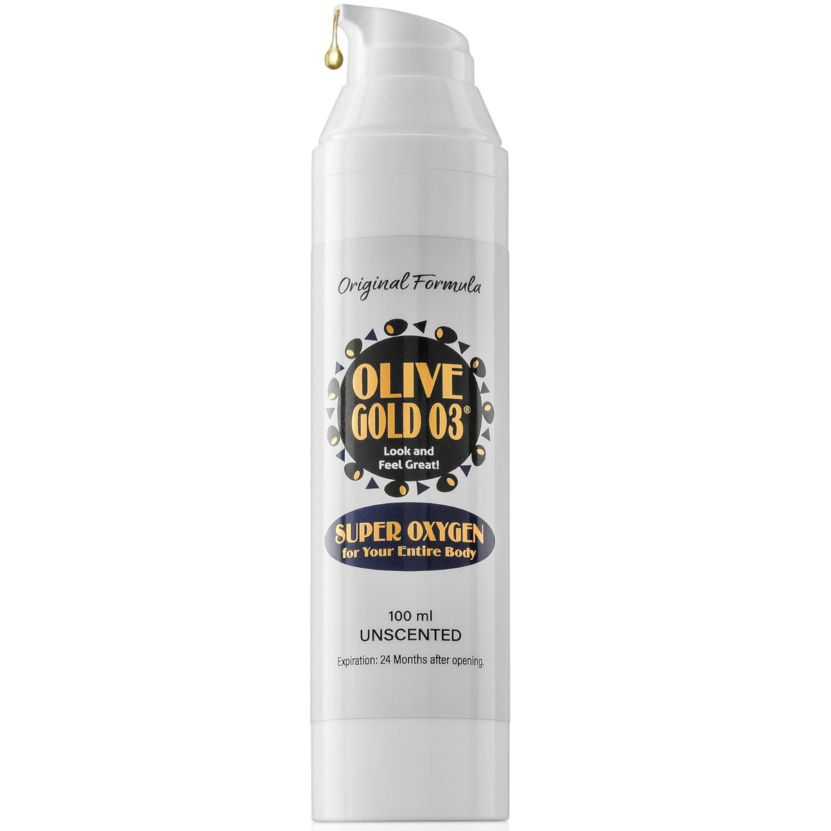 Olive Gold 03 bottle front highlighting ozonated olive oil for natural hydration.