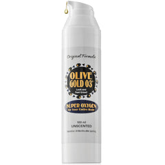 Olive Gold 03 bottle front highlighting ozonated olive oil for natural hydration.