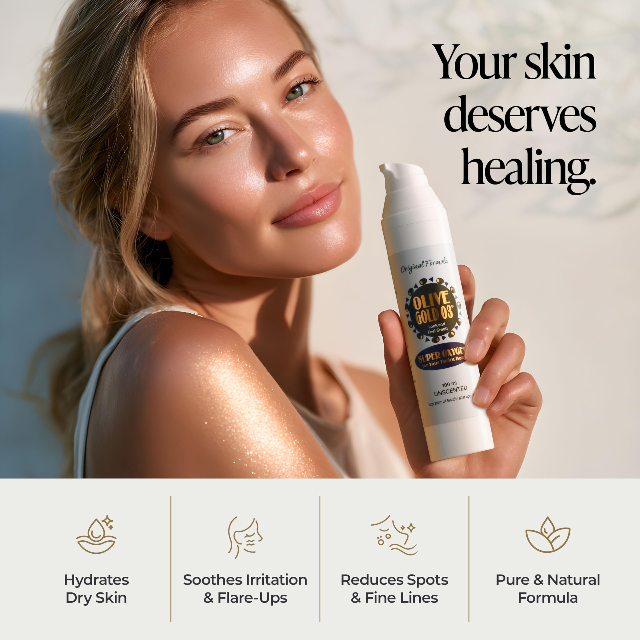 Olive Gold 03 hydration for face and body yields soft, radiant skin.