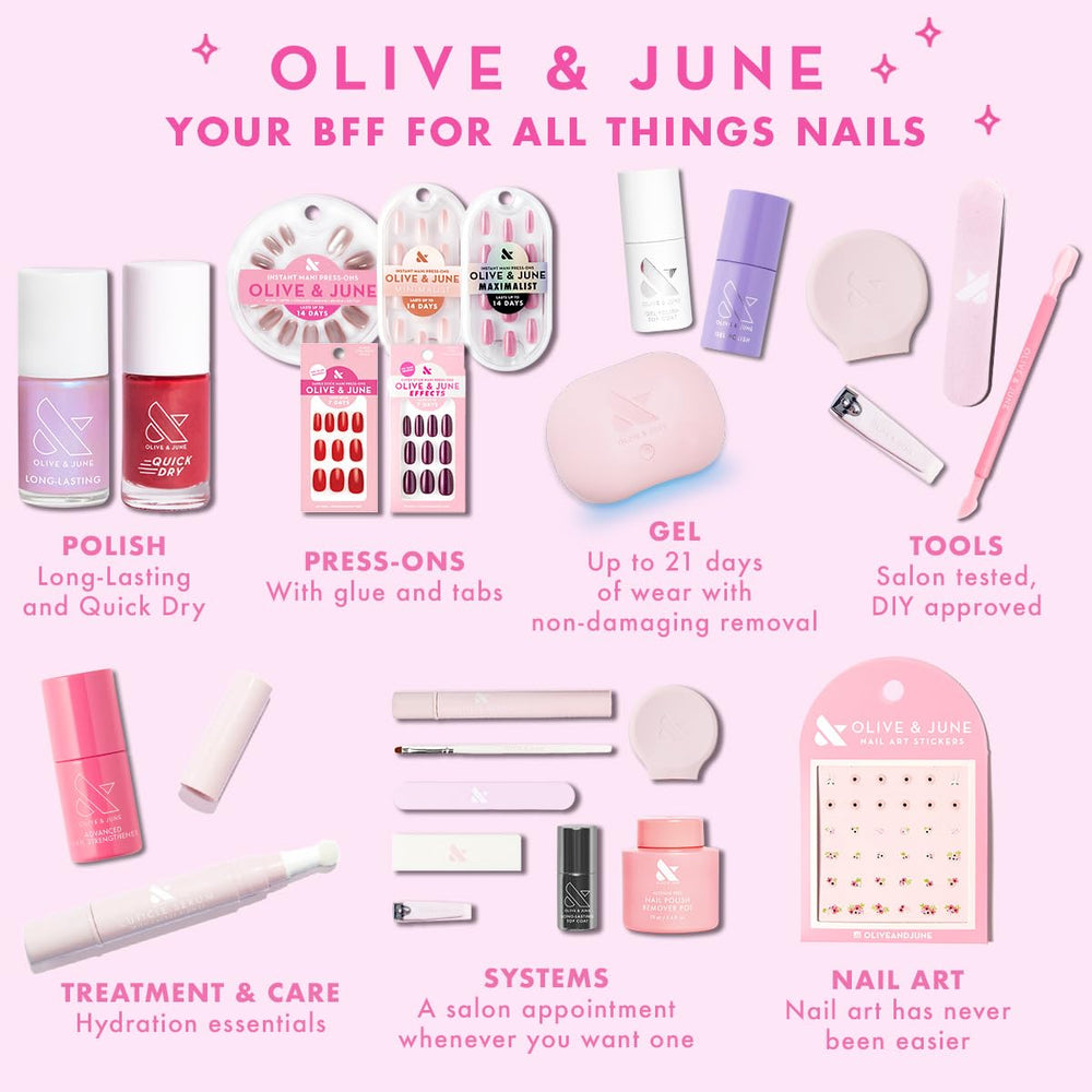 Olive & June Instant Mani nails in a tray next to prep pad and file.